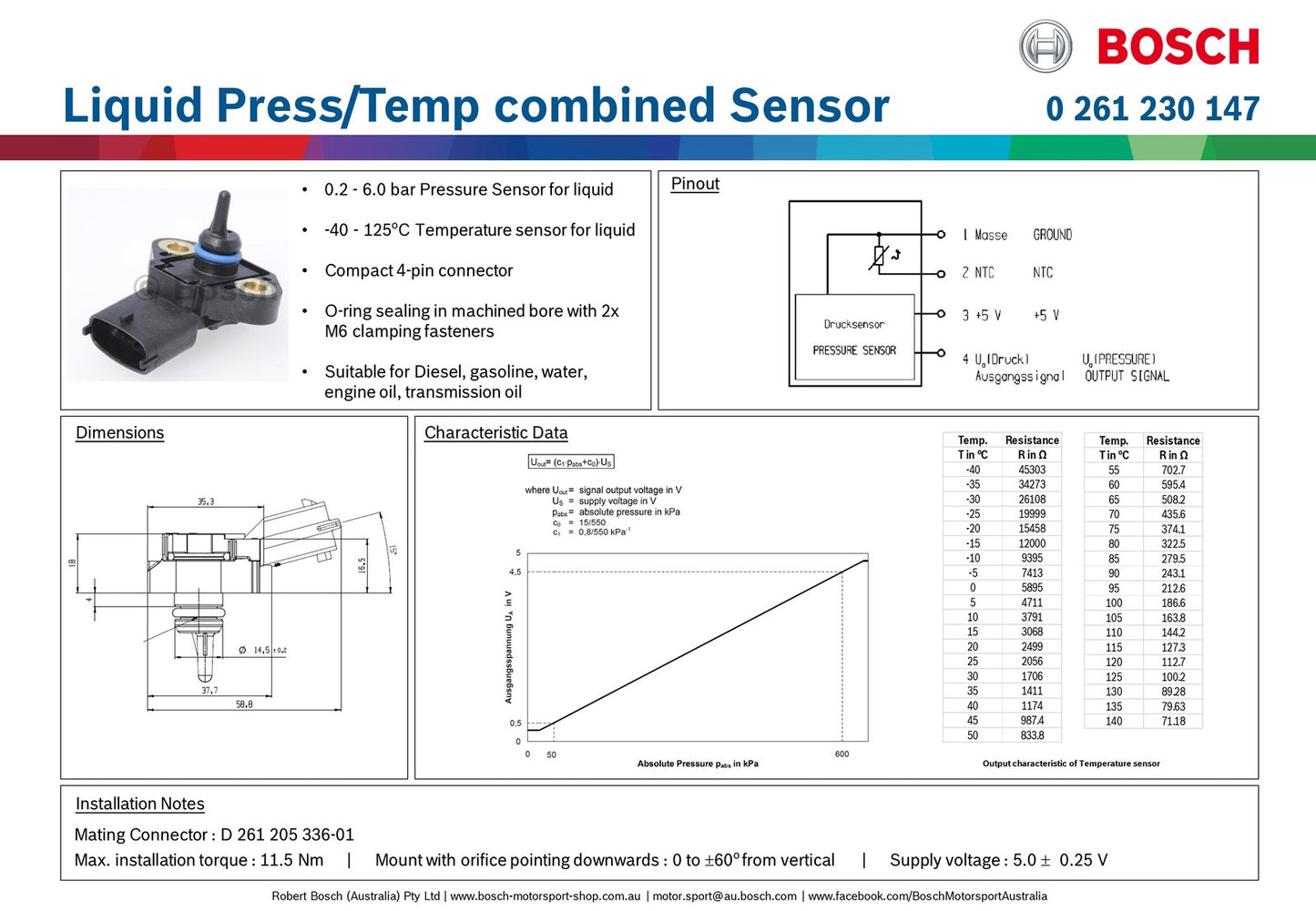 Bosch Liquid Pressure/Temp combined Sensor, 6 bar & 125 deg C