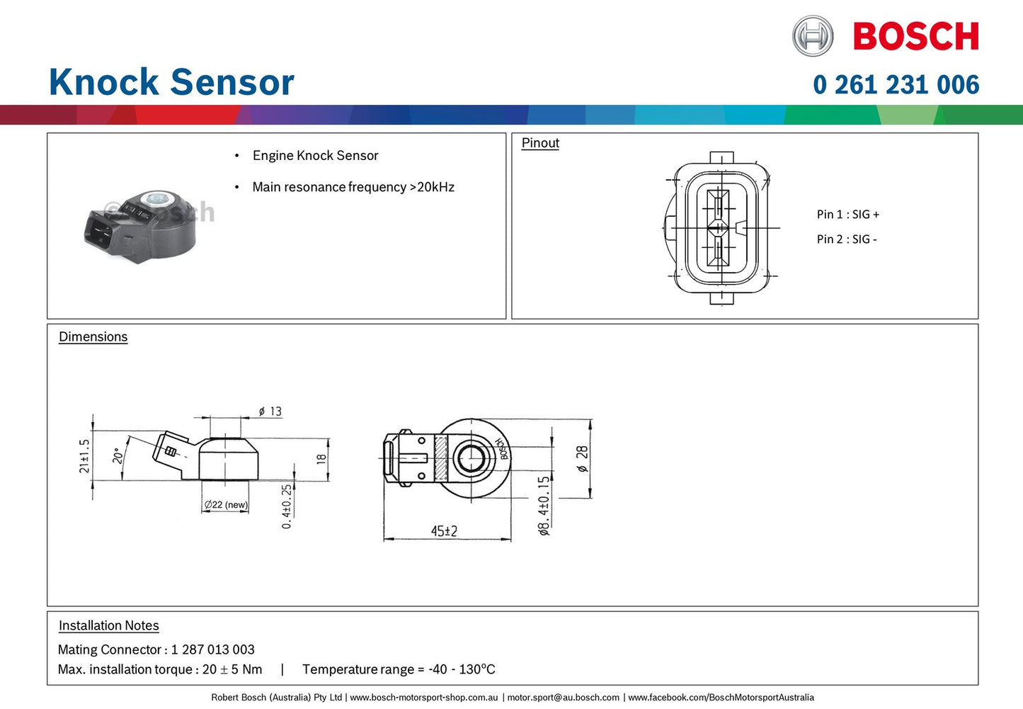 Bosch Knock Sensor 0 261 231 006
