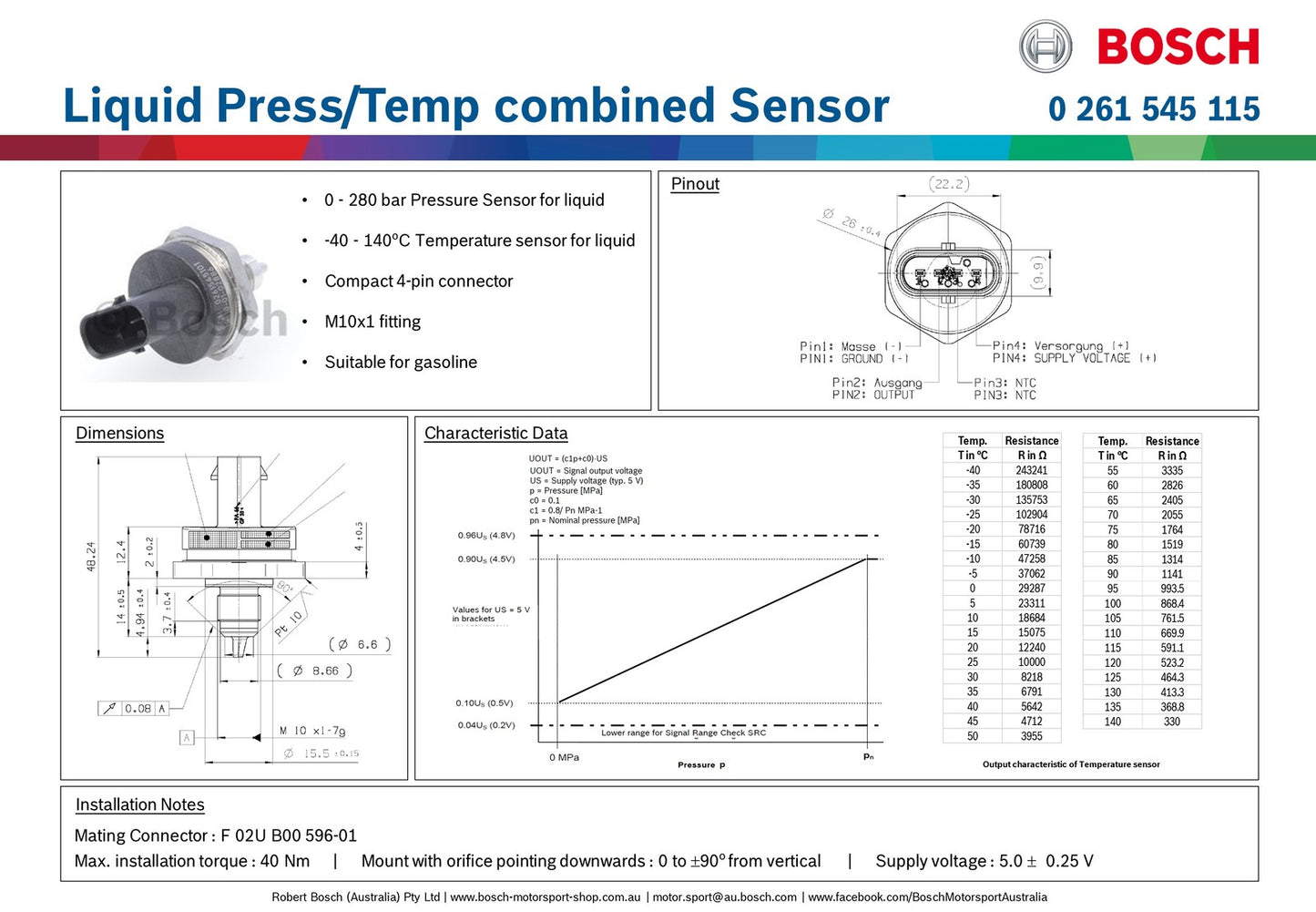 Bosch Liquid Pressure/Temp combined Sensor, 280 bar & 140 deg C