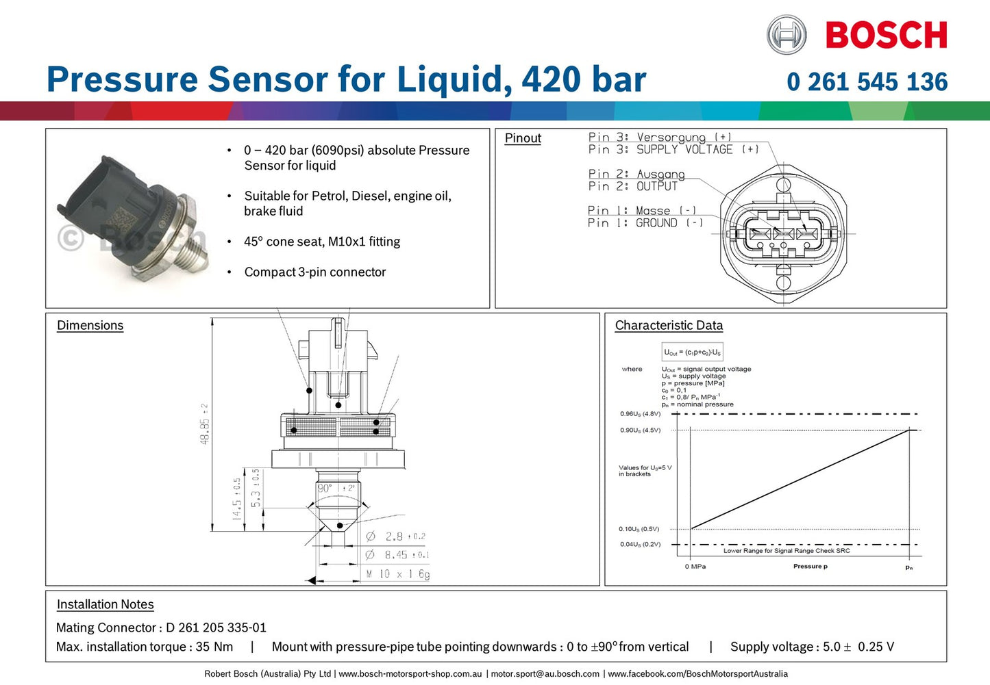 Bosch Pressure Sensor for Liquid, 420 bar