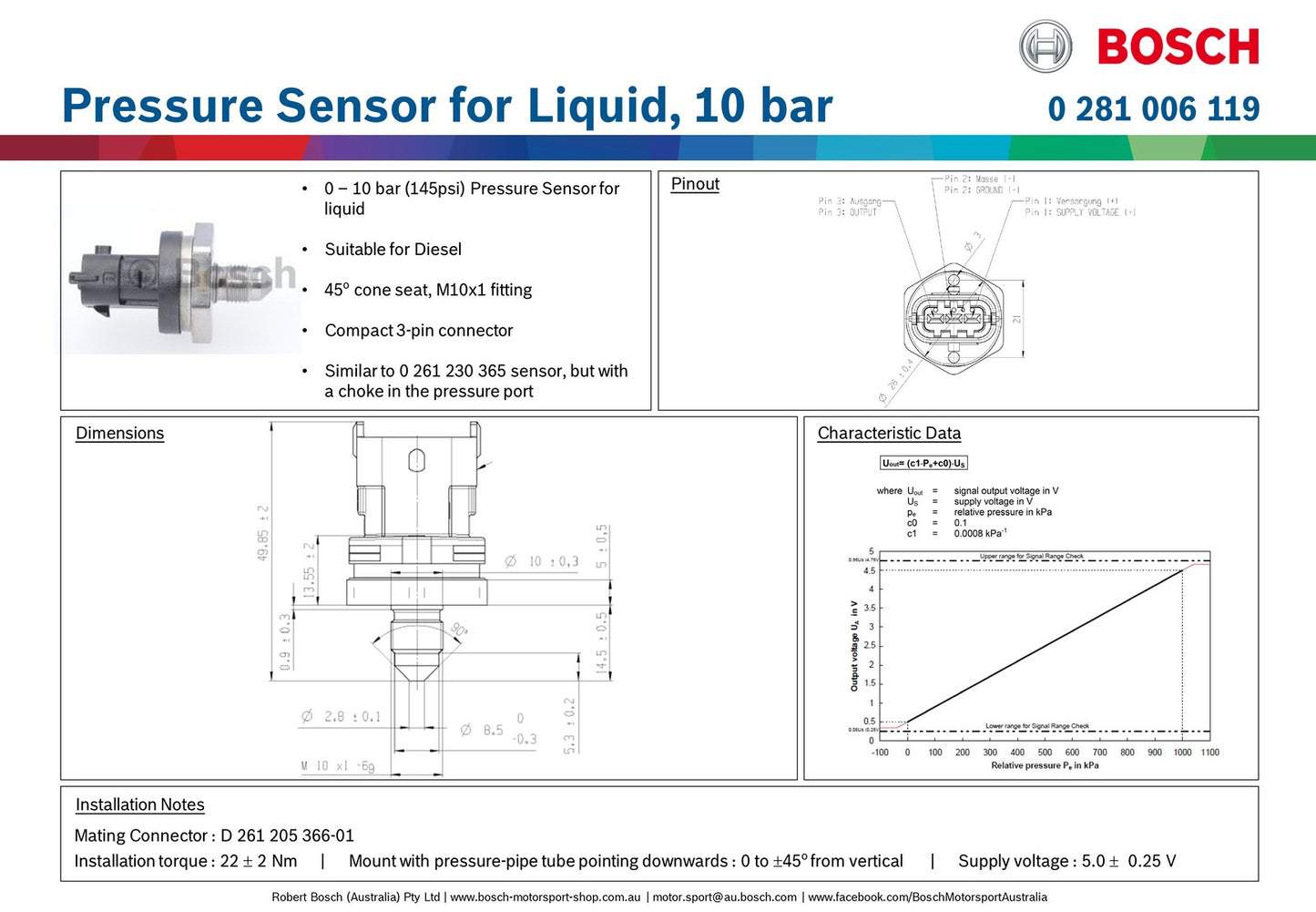Bosch Pressure Sensor for Liquid, 10 bar