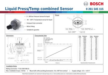 Bosch Liquid Pressure/Temp combined Sensor, 280 bar & 140 deg C