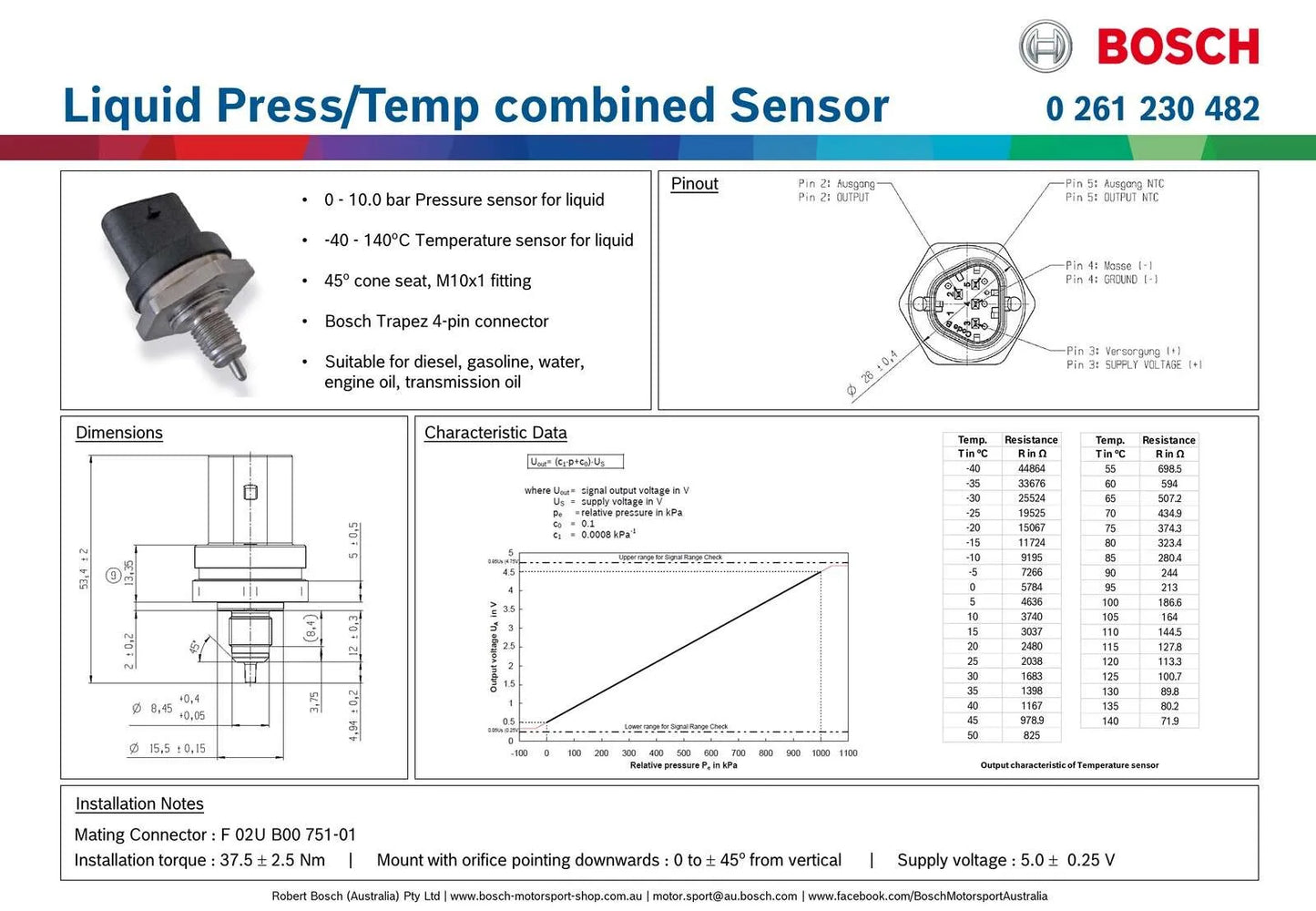 Bosch Liquid Pressure/Temp combined Sensor, 10 bar & 140 deg C